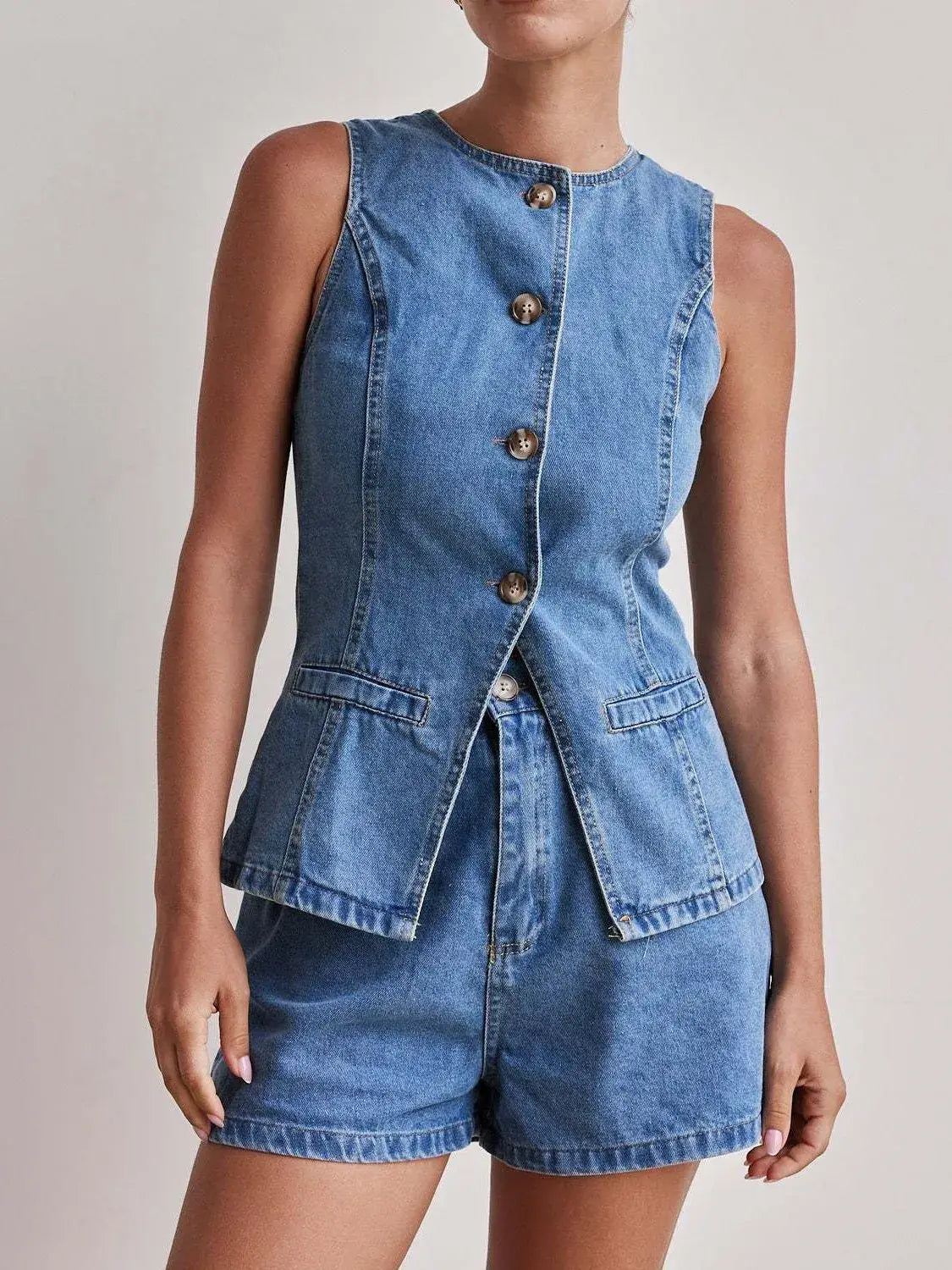 Button Down Vest and Shorts Denim Set - Trendsi - Flyclothing LLC
