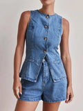 Button Down Vest and Shorts Denim Set - Trendsi - Flyclothing LLC