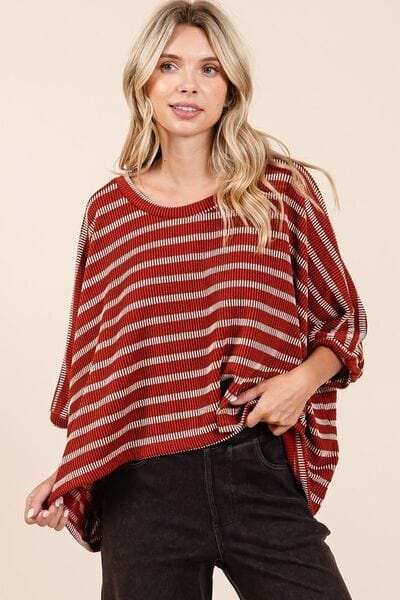 Mittoshop Texture Striped Print Round Neck Dolman Sleeve Top - Trendsi - Flyclothing LLC