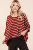 Mittoshop Texture Striped Print Round Neck Dolman Sleeve Top - Trendsi