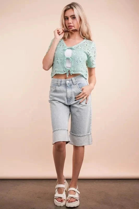 VERY J Front Tie Crochet Crop Top - Trendsi
