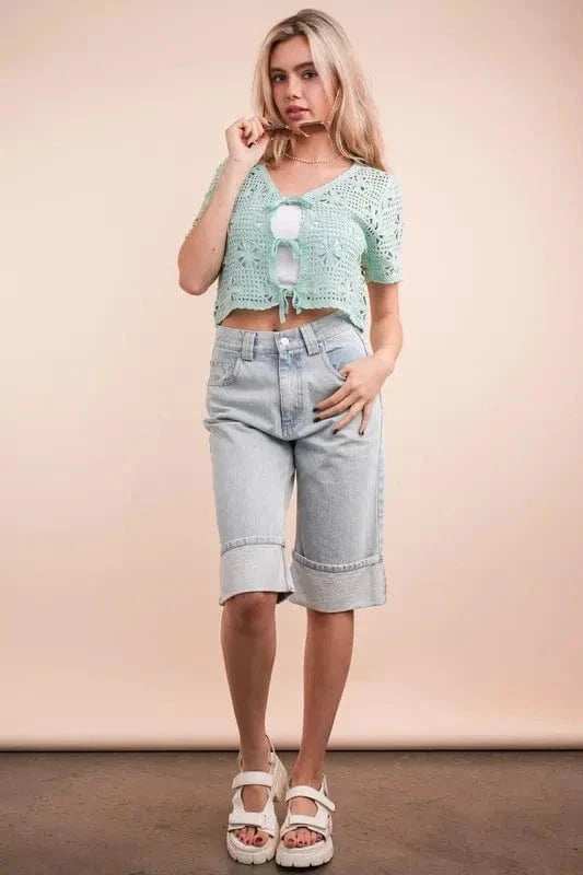 VERY J Front Tie Crochet Crop Top - Trendsi - Flyclothing LLC