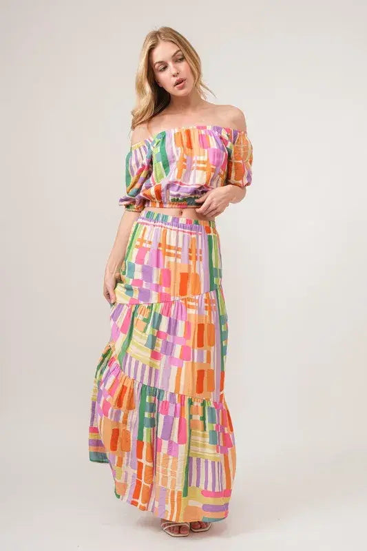 And The Why Puff Sleeve Elastic Edges Geo Printed Crop Top - Trendsi - Flyclothing LLC