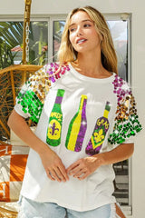 BiBi Sequin Mardi Gras Bottles Spangled Sleeve Top - Trendsi - Flyclothing LLC