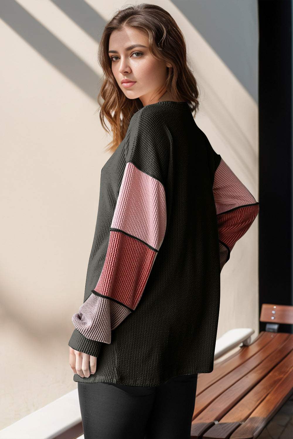 Double Take Full Size Color Block Round Neck Long Sleeve T-Shirt - Trendsi - Flyclothing LLC