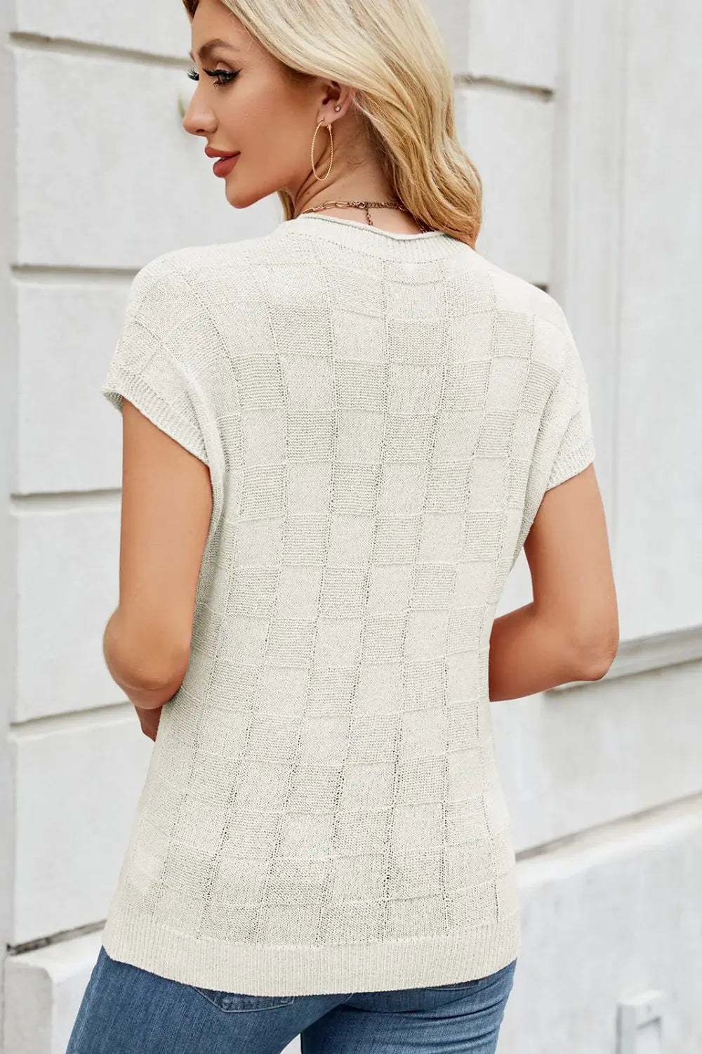 Checkered Round Neck Short Sleeve Knit Top - Trendsi - Flyclothing LLC
