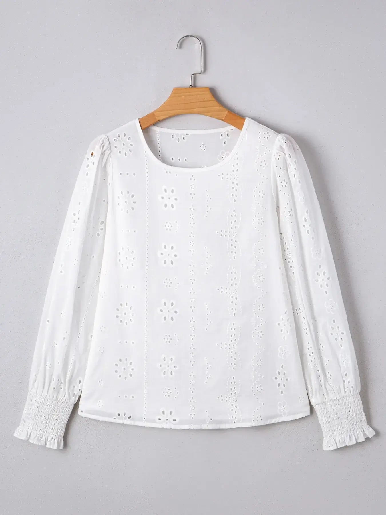 Eyelet Long Sleeve Blouse with Elastic Cuffs - Trendsi - Flyclothing LLC