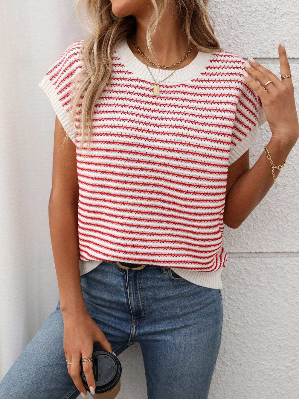Striped Round Neck Short Sleeve Knit Top - Trendsi - Flyclothing LLC