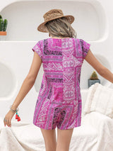 Printed V-Neck Cap Sleeve Romper - Trendsi - Flyclothing LLC