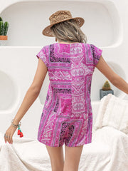 Printed V-Neck Cap Sleeve Romper - Trendsi