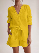 Notched Long Sleeve Top and Shorts Set - Trendsi - Flyclothing LLC