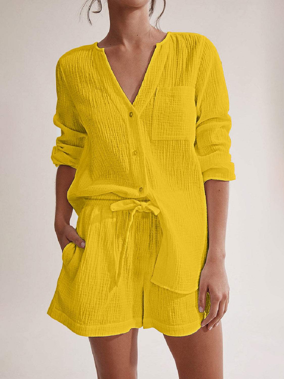 Notched Long Sleeve Top and Shorts Set - Trendsi - Flyclothing LLC