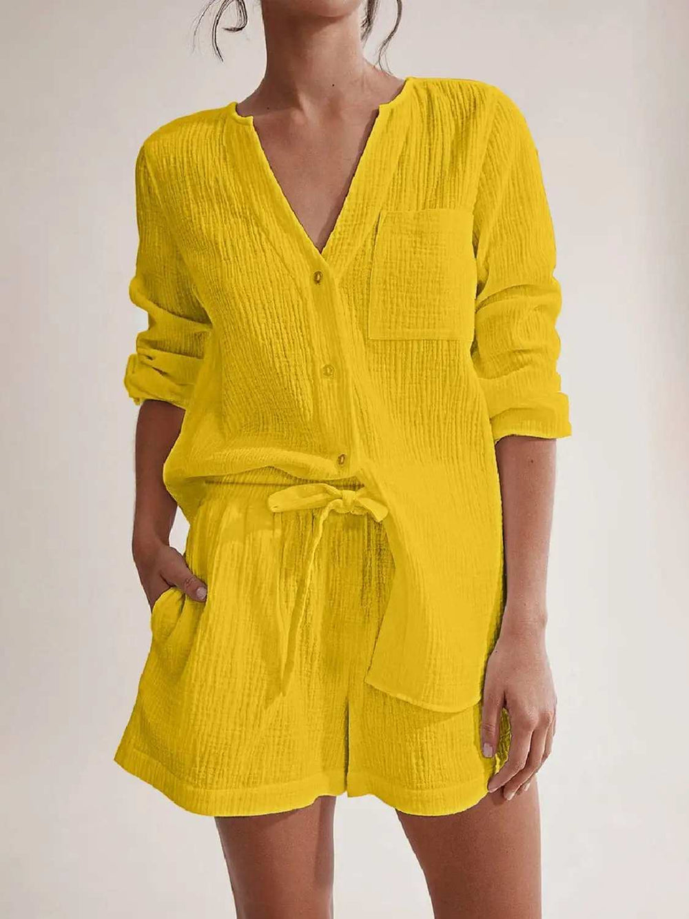 Notched Long Sleeve Top and Shorts Set - Trendsi - Flyclothing LLC