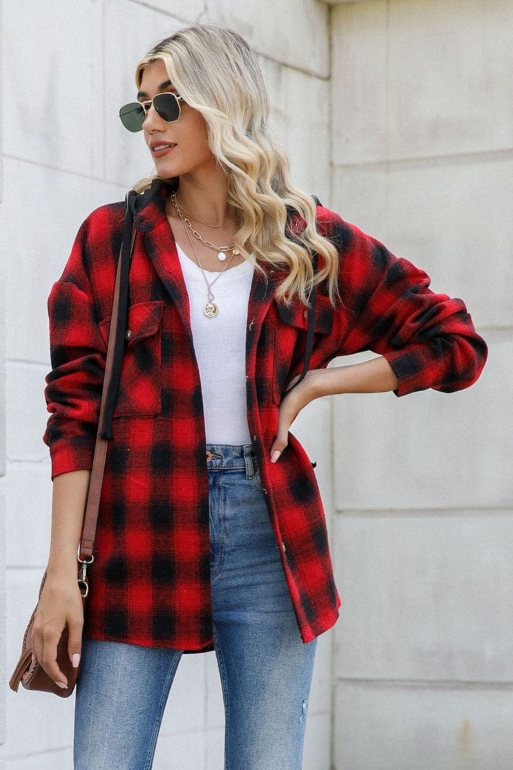 Drawstring Plaid Long Sleeve Hooded Shacket - Trendsi