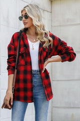 Drawstring Plaid Long Sleeve Hooded Shacket - Trendsi