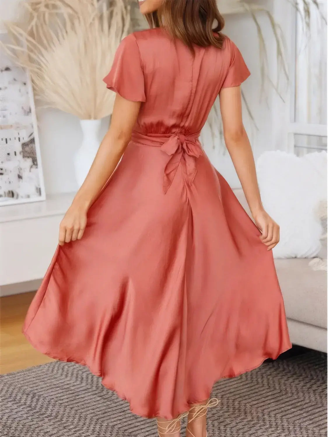 High-Low Plunge Flutter Sleeve Dress - Trendsi - Flyclothing LLC