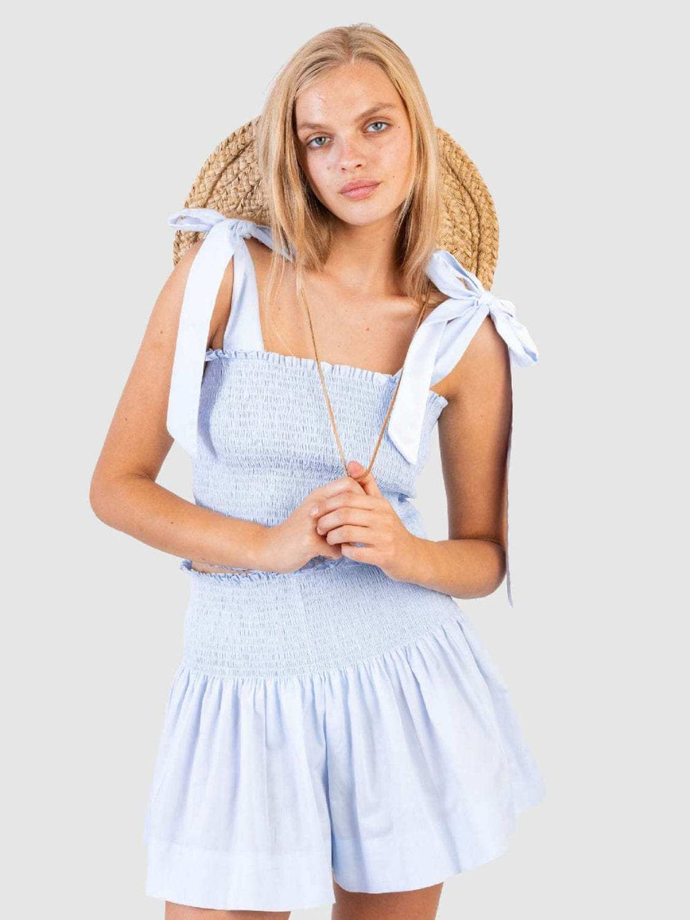 Smocked Tie Shoulder Top and Mini Skirt Set - Trendsi - Flyclothing LLC