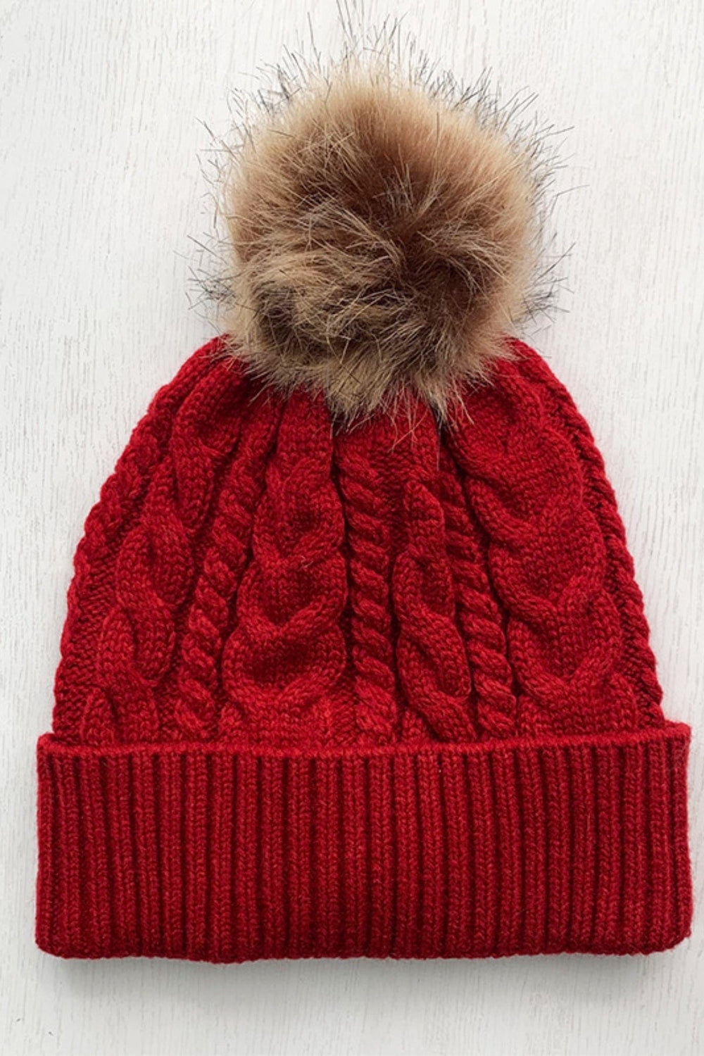 Cable-Knit Cuffed Hat with Pom-pom - Trendsi