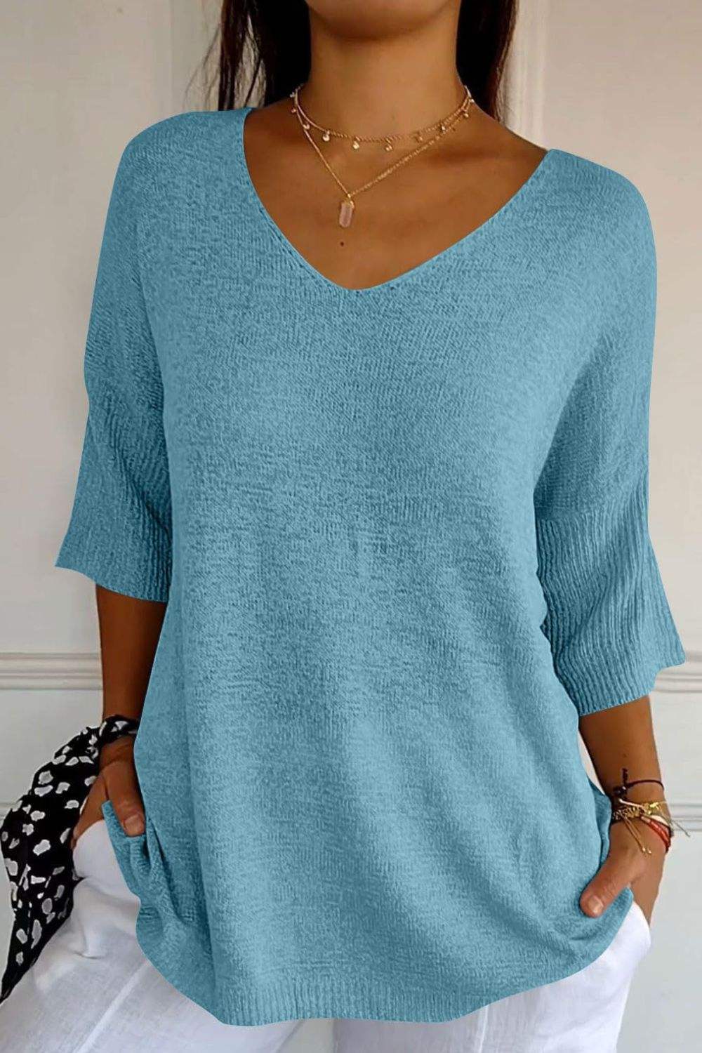 V-Neck Three-Quarter Sleeve Knit Top - Trendsi - Flyclothing LLC