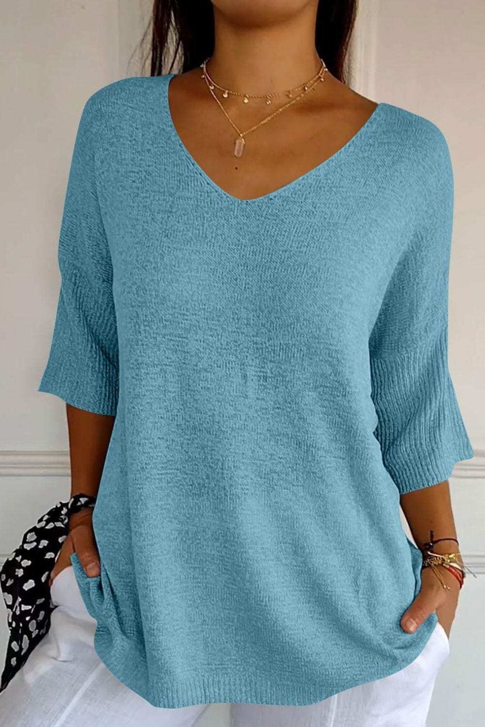 V-Neck Three-Quarter Sleeve Knit Top - Trendsi - Flyclothing LLC