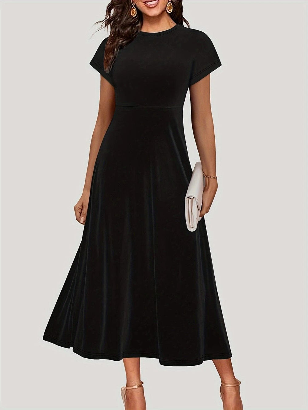 Round Neck Short Sleeve Midi Dress - Trendsi