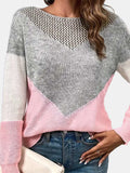 Openwork Contrast Round Neck Long Sleeve Knit Top - Trendsi - Flyclothing LLC