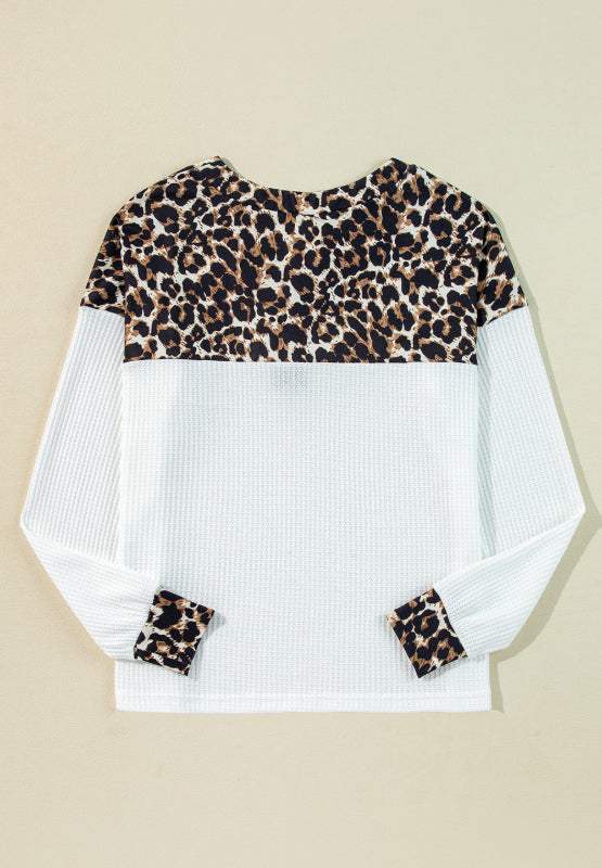 Waffle-Knit Leopard V-Neck Long Sleeve Blouse - Trendsi - Flyclothing LLC