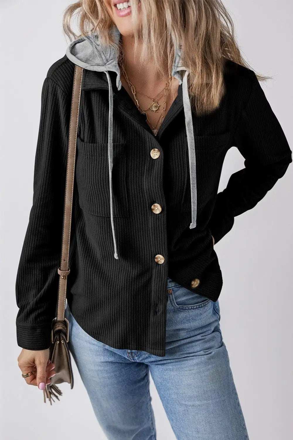Drawstring Button Up Long Sleeve Hooded Jacket - Trendsi - Flyclothing LLC