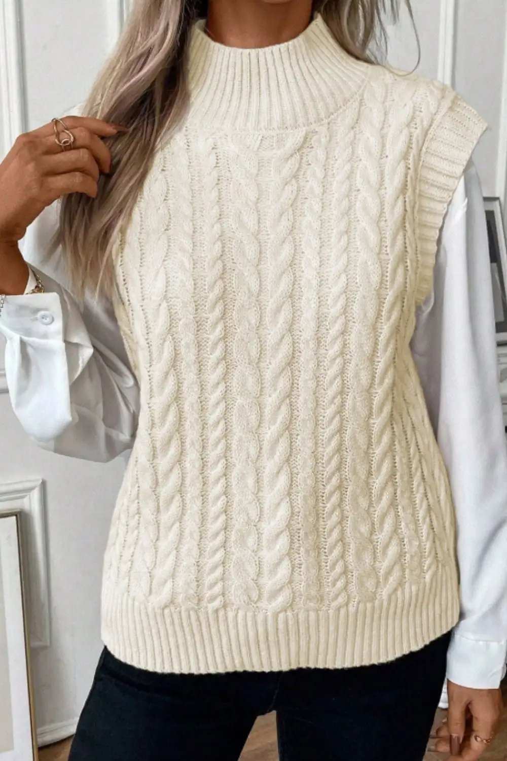 Cable Knit Turtleneck Sweater Vest - Trendsi - Flyclothing LLC