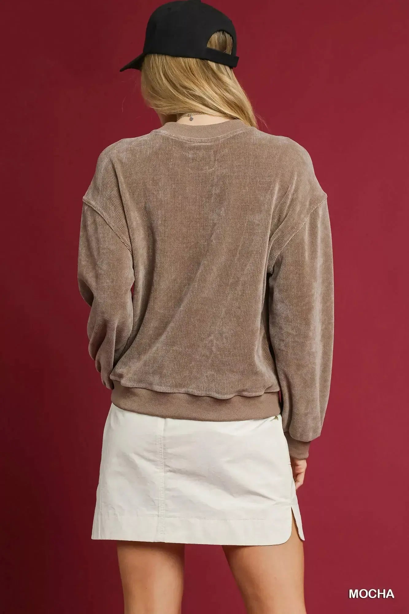 Umgee Velour Crewneck Balloon Sleeve Sweatshirt - Trendsi - Flyclothing LLC