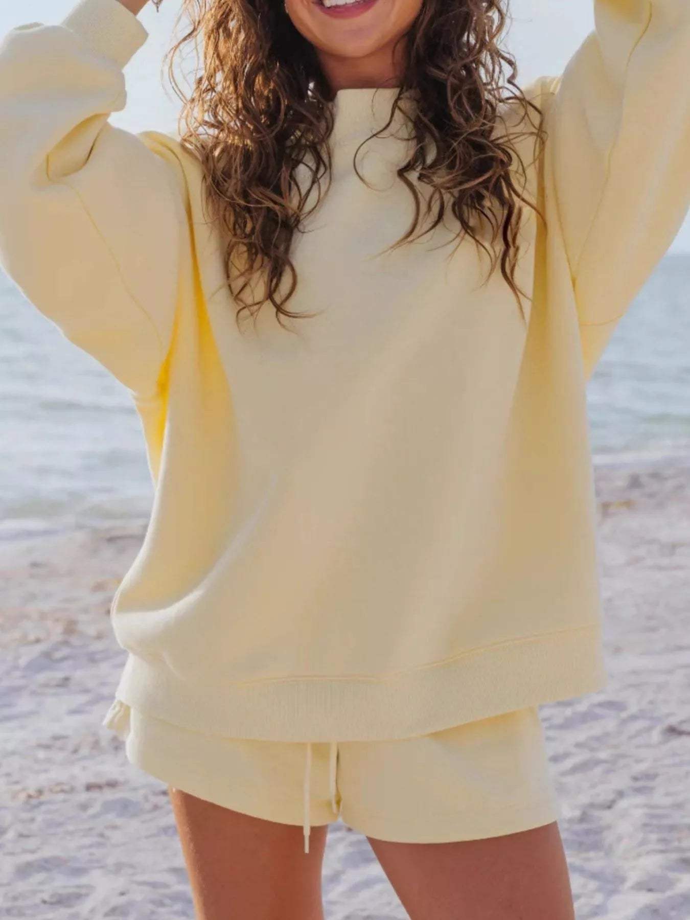 Relaxed Fit Round Neck Sweatshirt and Shorts Set - Trendsi - Flyclothing LLC