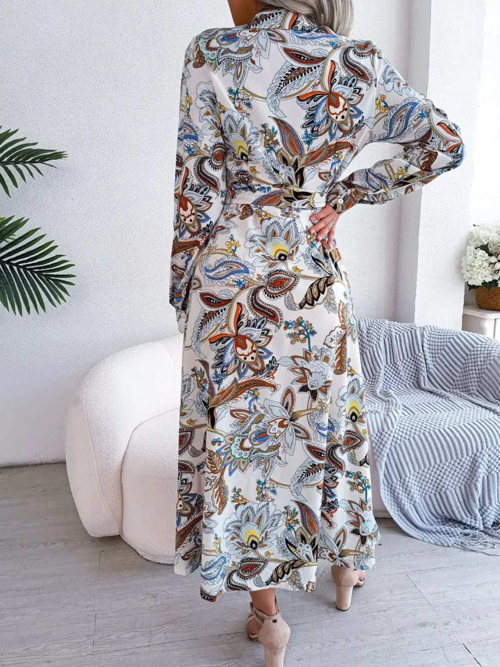 Tied Printed Long Sleeve Midi Dress - Trendsi - Flyclothing LLC