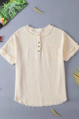 Textured Frayed Trim Half Button Short Sleeve Top - Trendsi - Flyclothing LLC