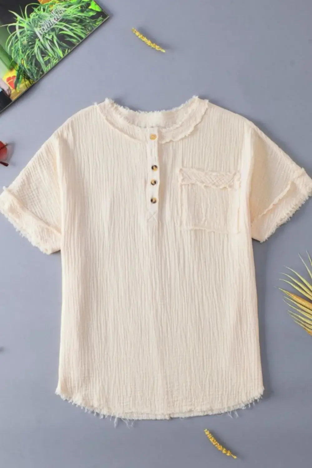Textured Frayed Trim Half Button Short Sleeve Top - Trendsi - Flyclothing LLC