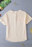 Textured Frayed Trim Half Button Short Sleeve Top - Trendsi - Flyclothing LLC
