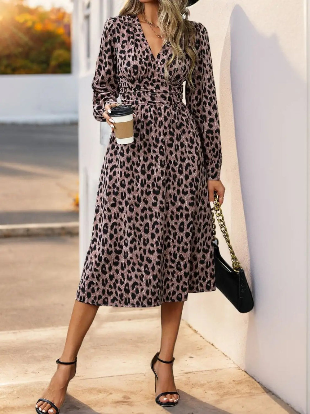 Perfee Leopard Surplice Long Sleeve Midi Dress - Trendsi