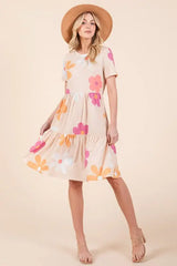 BOMBOM Floral Round Neck Short Sleeve Tiered Dress - Trendsi - Flyclothing LLC