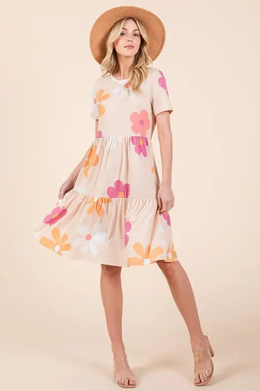 BOMBOM Floral Round Neck Short Sleeve Tiered Dress - Trendsi - Flyclothing LLC