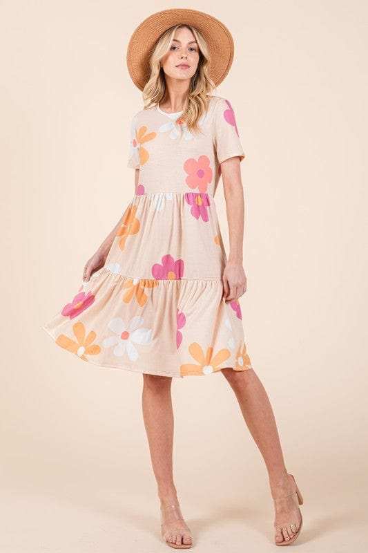 BOMBOM Floral Round Neck Short Sleeve Tiered Dress - Trendsi - Flyclothing LLC