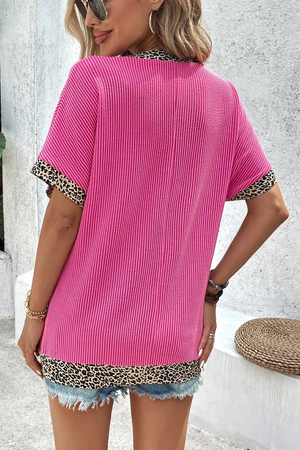 V-Neck Leopard Trim Ribbed Blouse - Trendsi - Flyclothing LLC