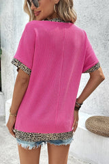 V-Neck Leopard Trim Ribbed Blouse - Trendsi - Flyclothing LLC