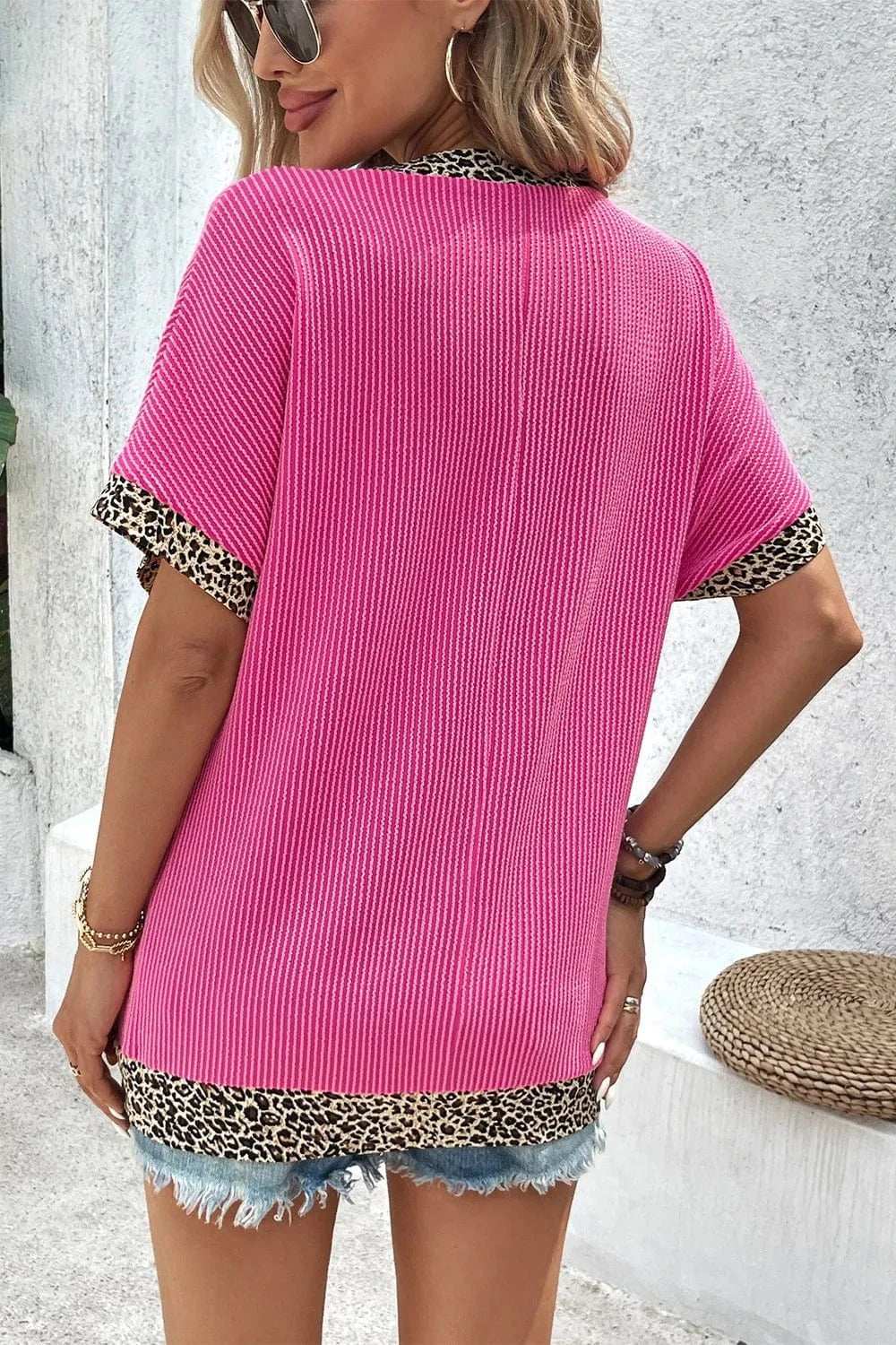 V-Neck Leopard Trim Ribbed Blouse - Trendsi - Flyclothing LLC