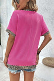 V-Neck Leopard Trim Ribbed Blouse - Trendsi - Flyclothing LLC