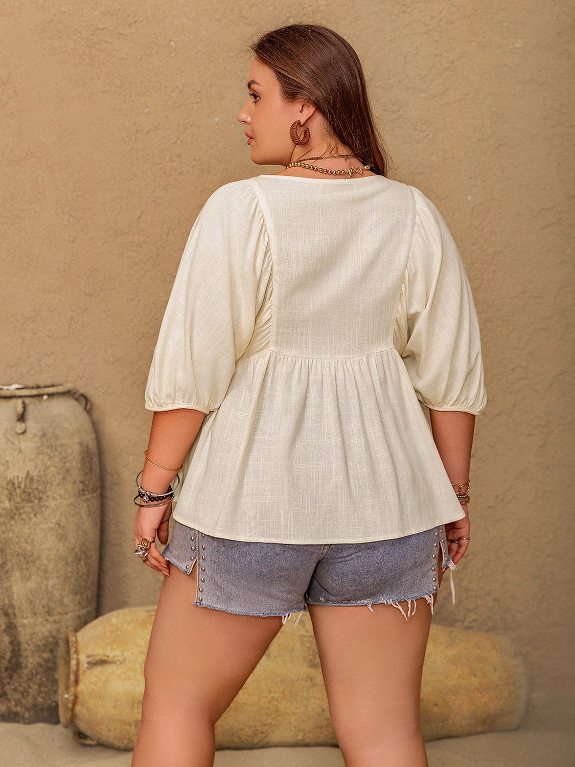 Plus Size Peplum V-Neck Half Sleeve Blouse - Trendsi