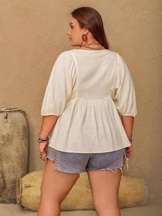 Plus Size Peplum V-Neck Half Sleeve Blouse - Trendsi