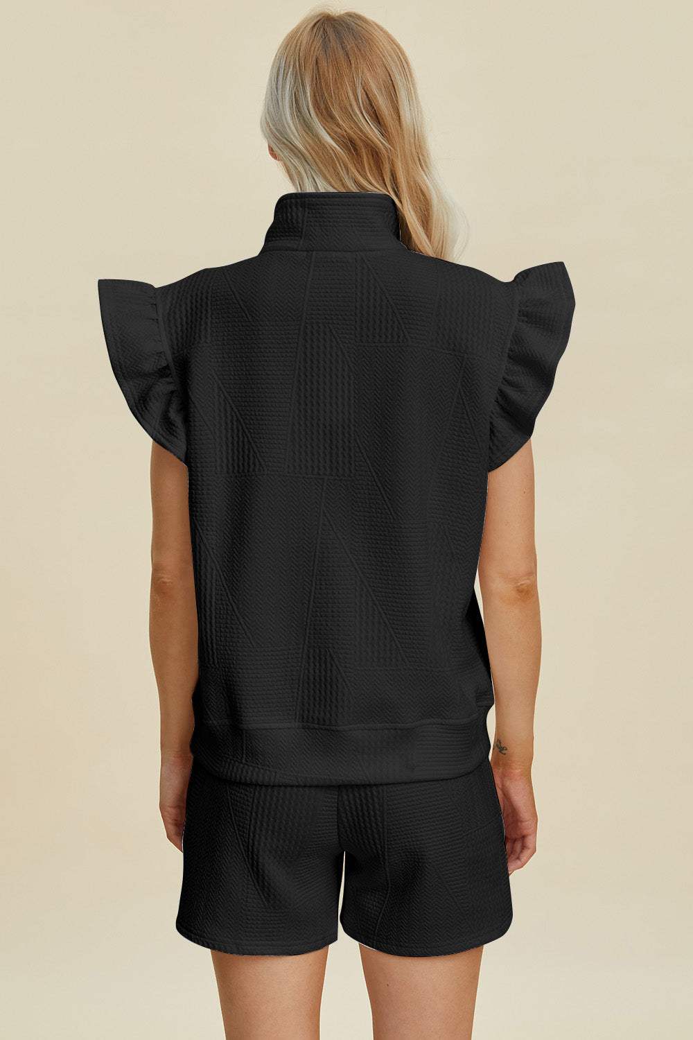 Double Take Full Size Texture Flounce Sleeve Top and Shorts Set - Trendsi - Flyclothing LLC