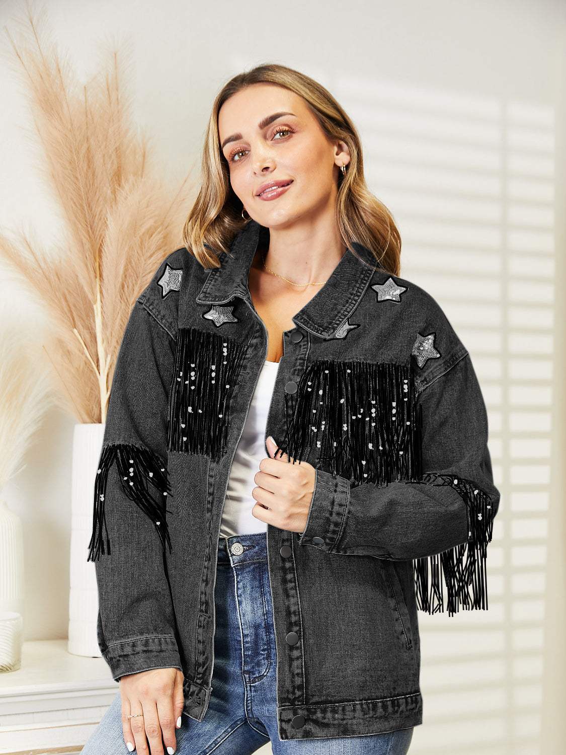 Fringe Detail Long Sleeve Denim Jacket - Trendsi - Flyclothing LLC