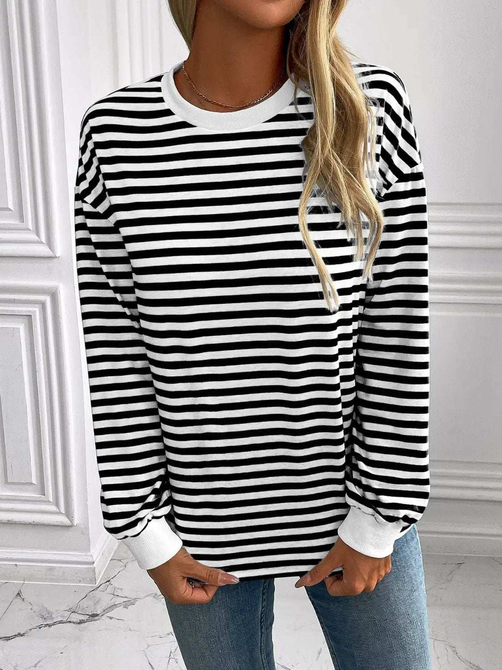 Ivy Lane Striped Round Neck Long Sleeve Sweatshirt - Trendsi - Flyclothing LLC