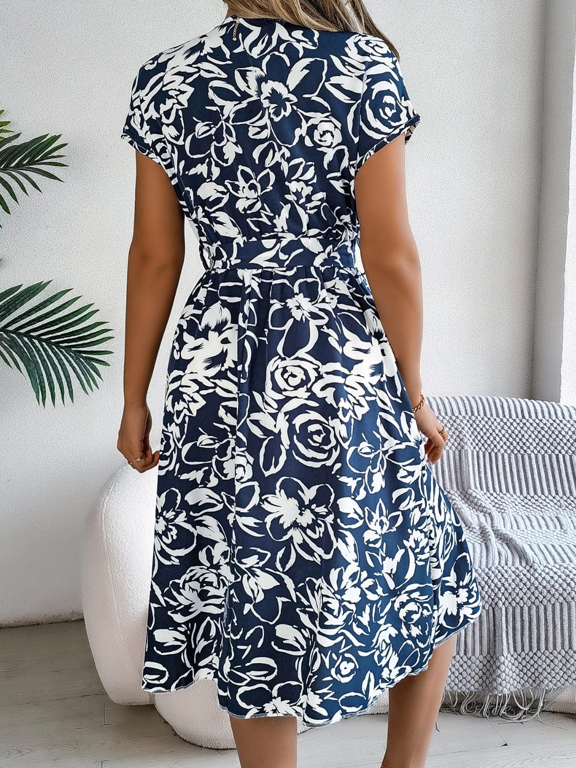 Printed V-Neck Short Sleeve Dress - Trendsi