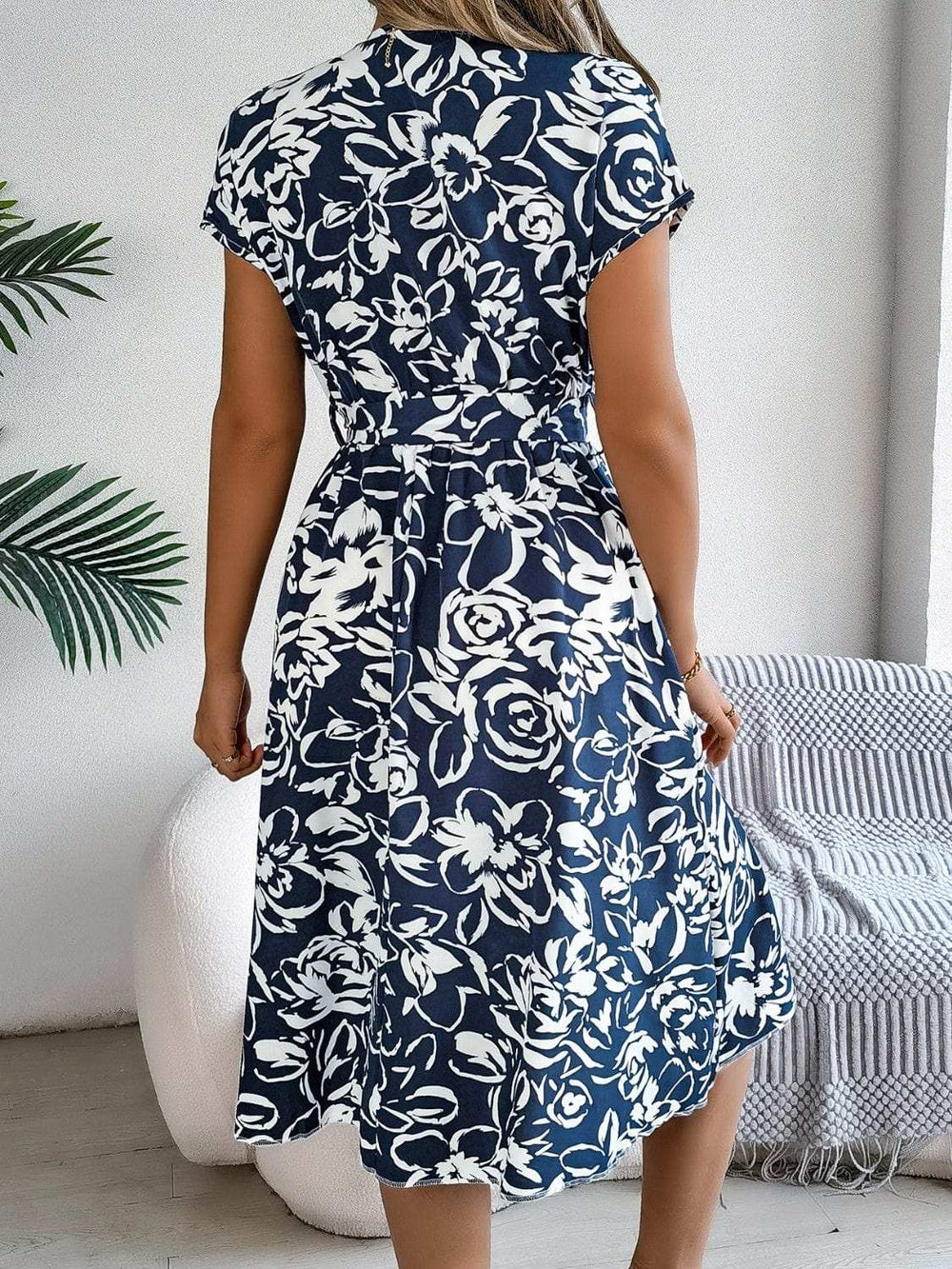 Printed V-Neck Short Sleeve Dress - Trendsi - Flyclothing LLC
